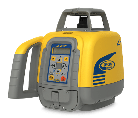 Nivelle laser rotatif Spectra Precision GL 1425C jaune et gris avec écran LCD, poignée et logo Spectra Precision.
