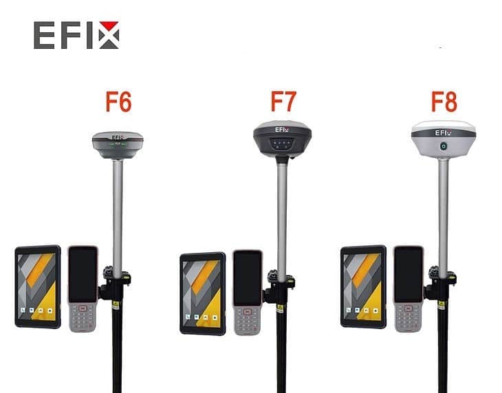 Trois récepteurs GNSS EFIX F6, F7 et F8 sur perches, avec tablettes et terminaux de collecte de données pour la topographie.
