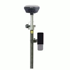 Récepteur GNSS EFIX sur perche de topographie grise, équipé d'un support pour téléphone portable, pour relevés géospatiaux précis.