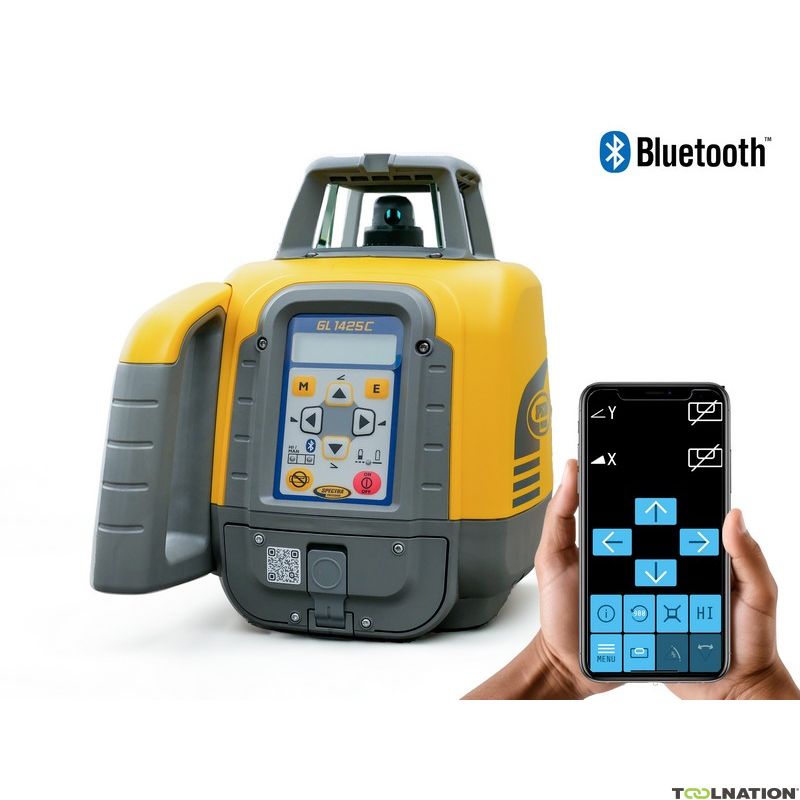 Niveleuse laser rotative Spectra GL1425C contrôlée via Bluetooth par une application mobile affichant les commandes X et Y.