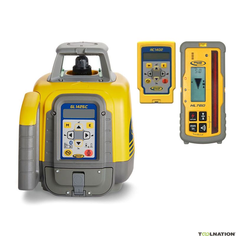 Niveleuse laser rotative Spectra GL1425C avec récepteur HL760 et télécommande RC1402 pour travaux.