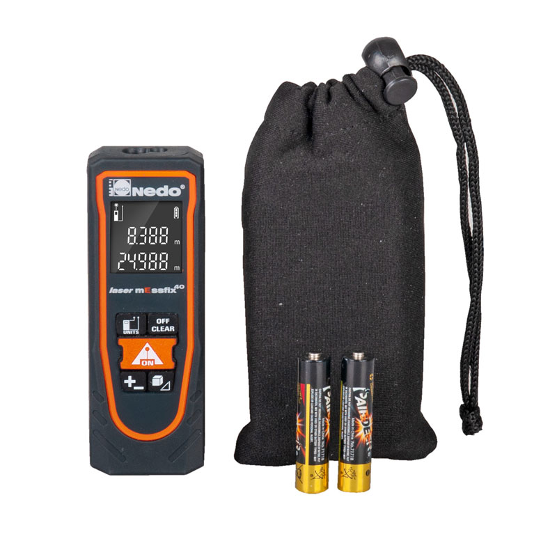 Télémètre Laser Nedo mEssfix 40 - Mesure Digitale Précise Télémètre laser Nedo mEssfix 40 avec housse et piles. Écran digital affichant 8.388 m et 24.988 m.