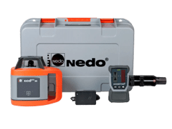 Niveau laser rotatif Nedo eco 600 H avec mallette de transport grise, récepteur et chargeur secteur.